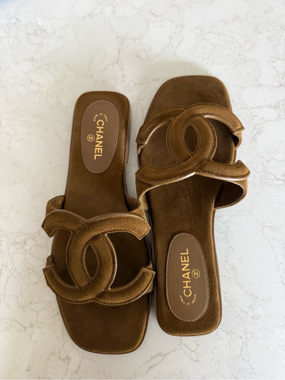 CHANEL Brown Suede CC Logo Slide Mules